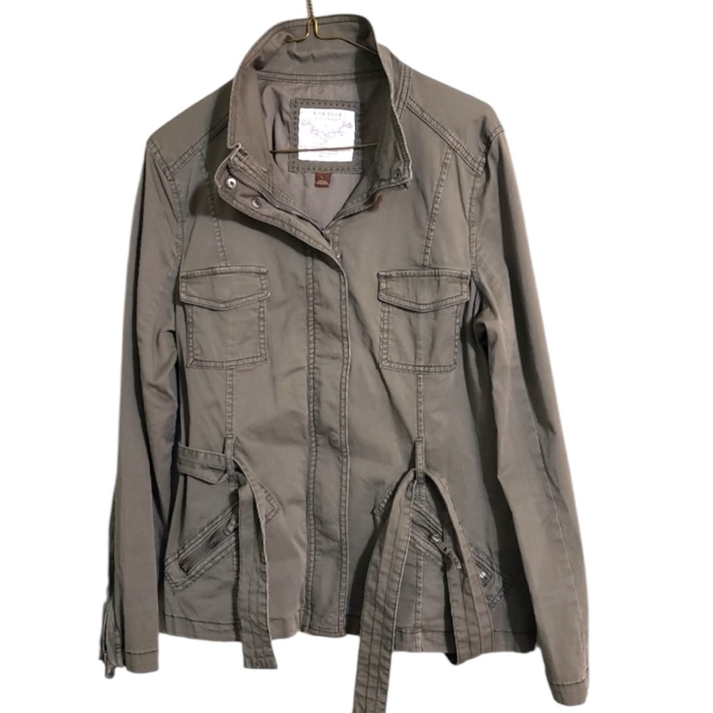 Sonoma Army Green Cotton Utility Jacket, Large, Moto Zippers, Belted, Olive Drab